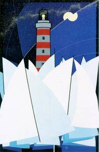 Lighthouse, moon and sails - 1994 - acrylic - cm 80x120